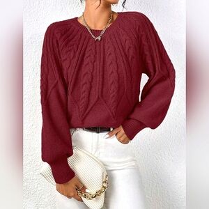 NEW Chic Textured Fair Isle Look Cable Knit Sweater Top Burgundy Red